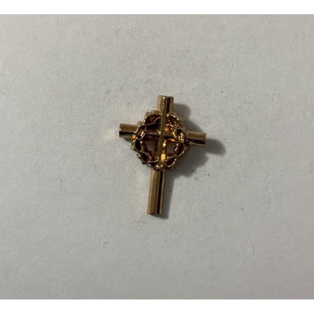 Religious Crown Of Thorns On Cross Lapel Pin Gold Tone Hat Jacket Pin Brooch